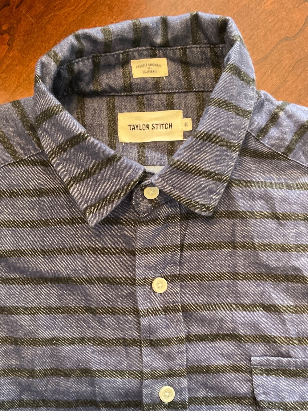 Taylor Stitch Blue Shirt with Dark Gray Stripes Casual Button-Down